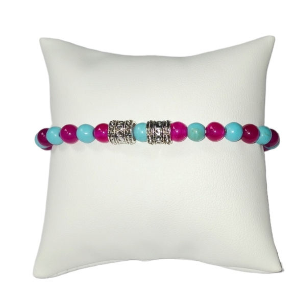 Hand Crafted Jewelry - Turquoise & Magenta Jade Crystal Beaded Stretch Bracelet Y2K Slip On Style